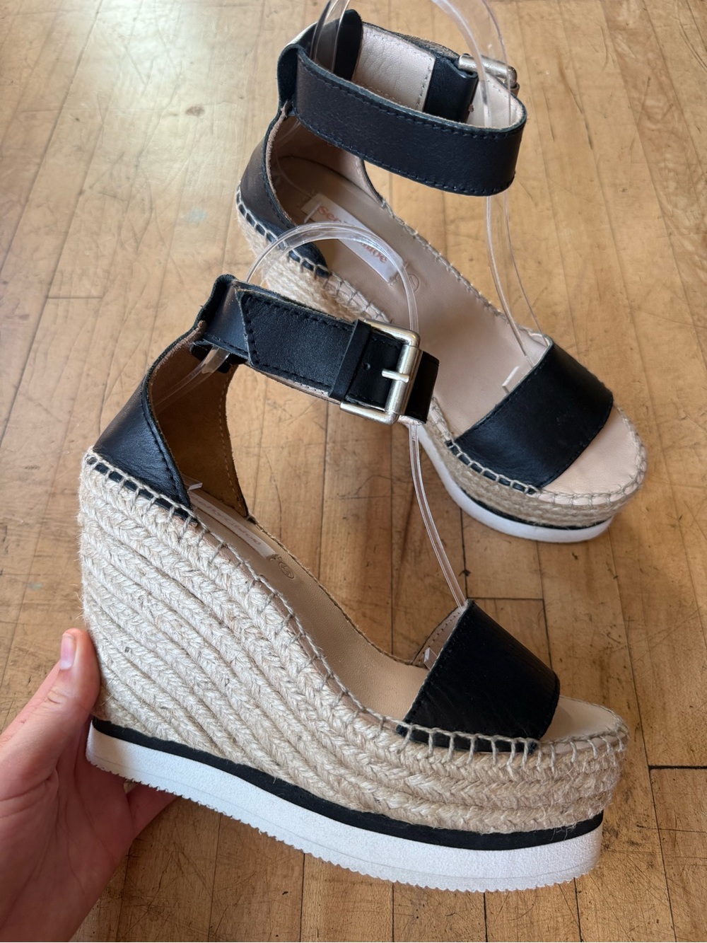 SEE BY CHLOE Platform Espadrille Wedge Heels Glyn Open Toe Leather Ankle Strap